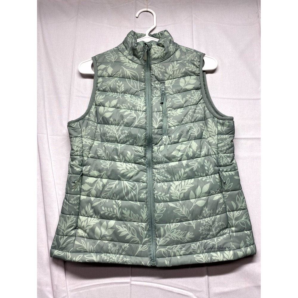 Eddie Bauer Puffer Vest Womens XS Green Leaf Print Quilted Insulated Full Zip